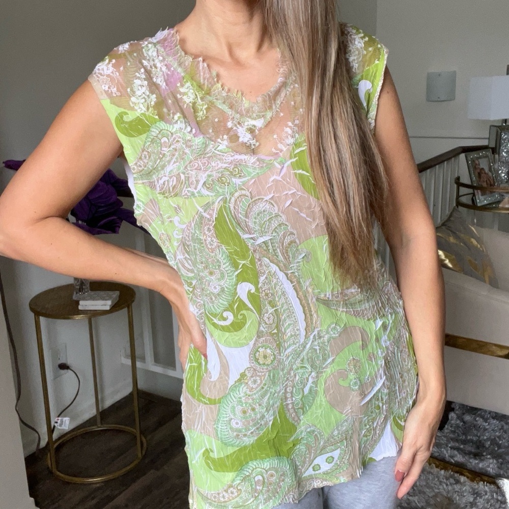 Komarov Vtg Green White Paisley Sleeveless V Neck Women’s Top Stretch Soft L
